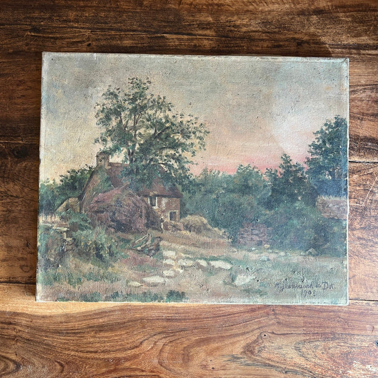 Antique French Cottage Oil Painting