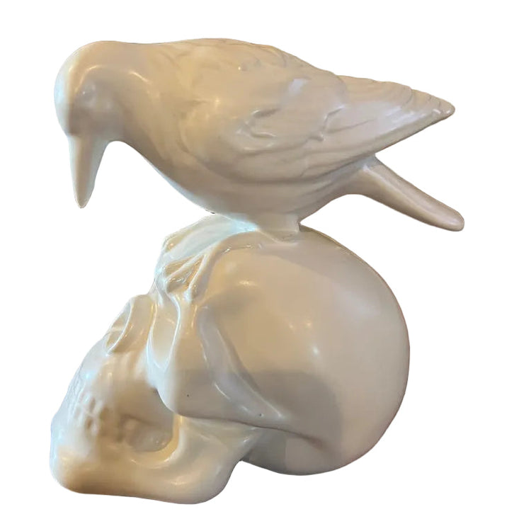 White Ceramic Skull with Crow