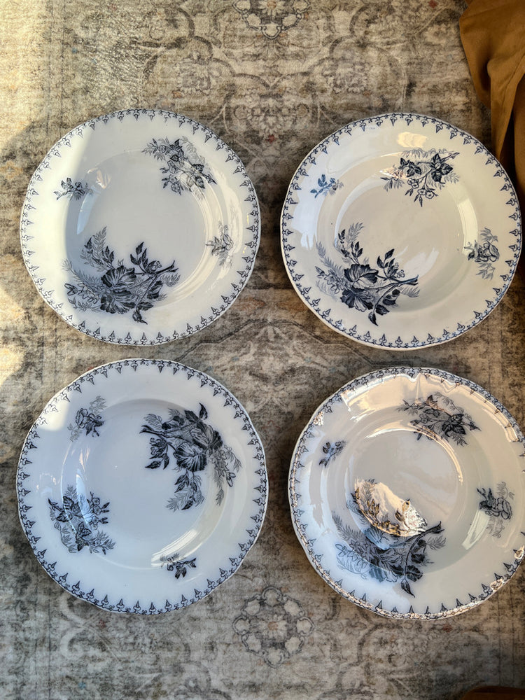 Set of 4 Blue Antique French "FLORE" Sarreguemines Ironstone Terre De Fer Shallow Bowls