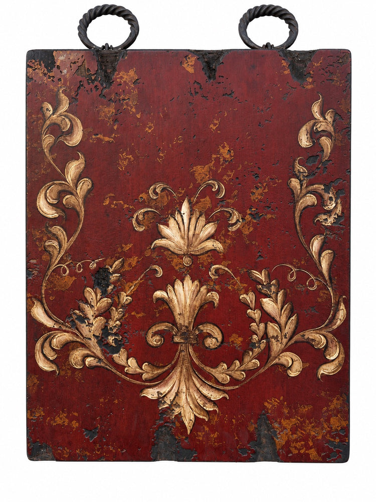 Hand Painted Oil on Wood Panel Painting with Iron Rings - Red