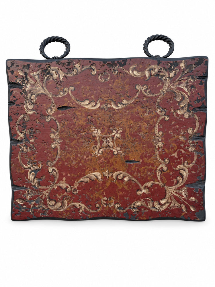 Hand Painted Oil on Wood Panel Painting with Iron Rings - Red Horizontal