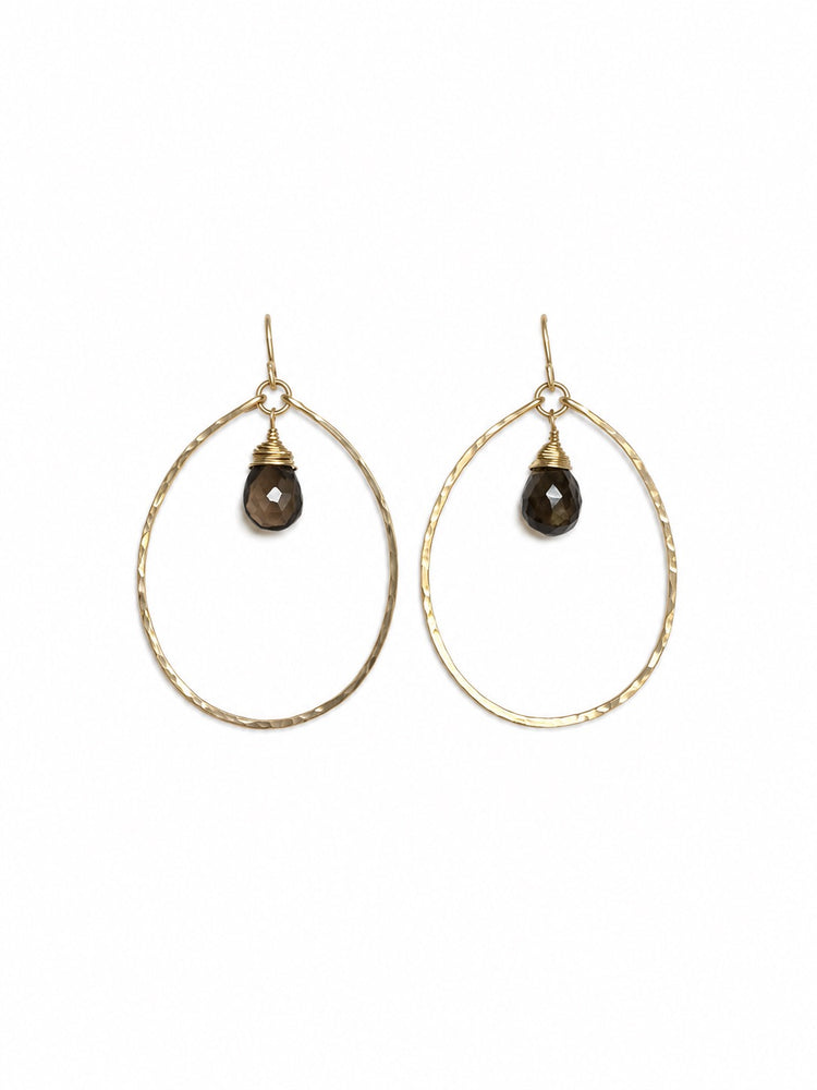 Smoky Quartz and Hammered Gold Hoop Earrings