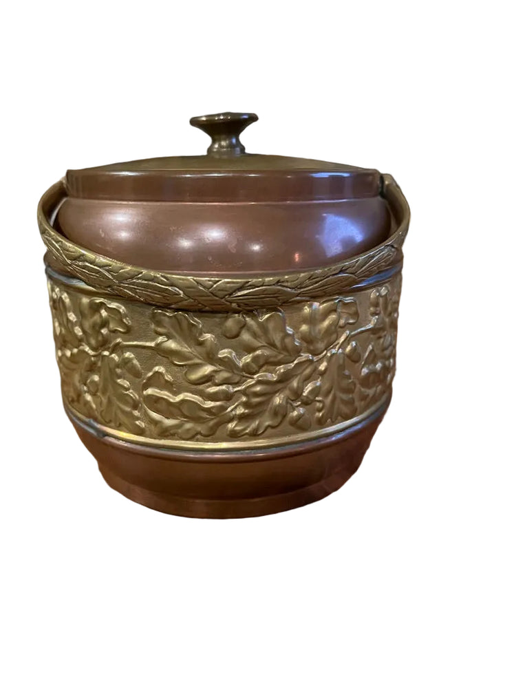 Vintage English Copper and Brass Biscuit Barrel with Leaf Motif