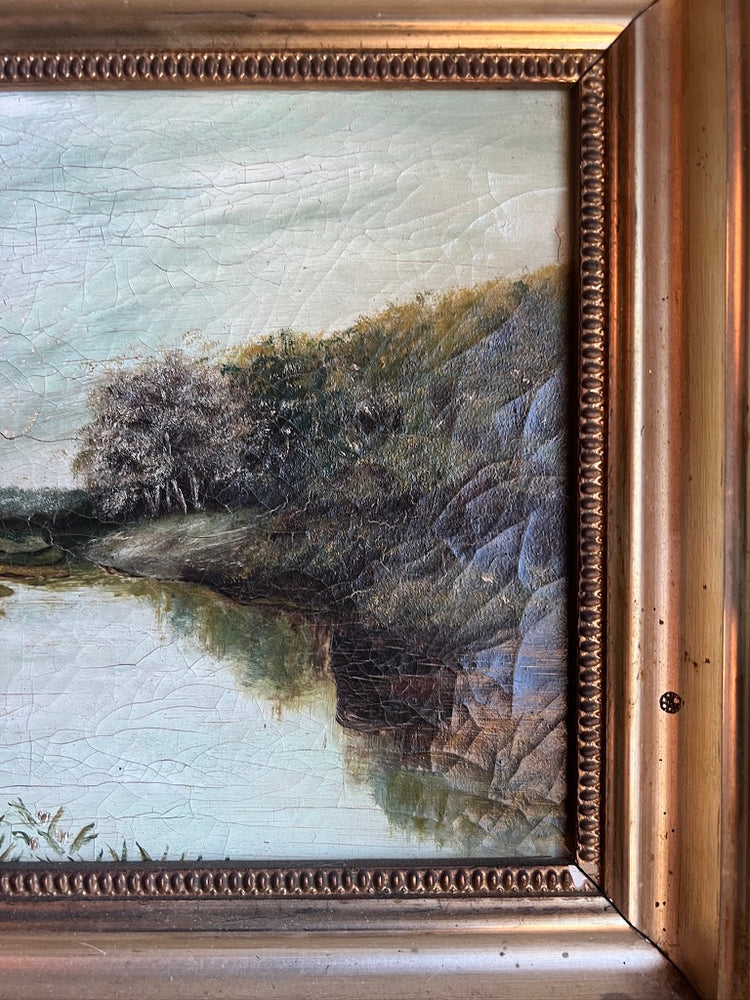Antique 1800's Shabby Framed Original Landscape Oil Painting |  FOR RESTORATION