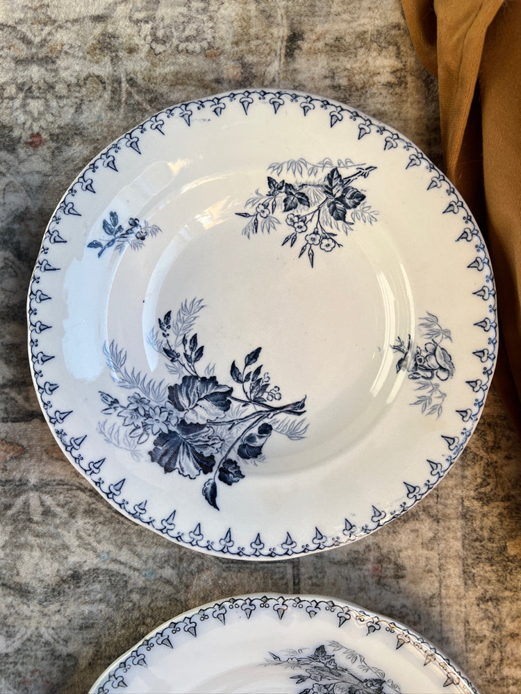 Set of 4 Blue Antique French "FLORE" Sarreguemines Ironstone Terre De Fer Shallow Bowls