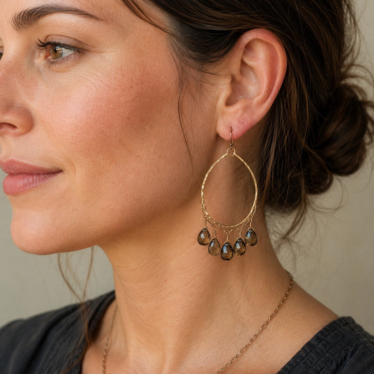 Smoky Quartz Rose Gold Chandelier Hoop Earrings