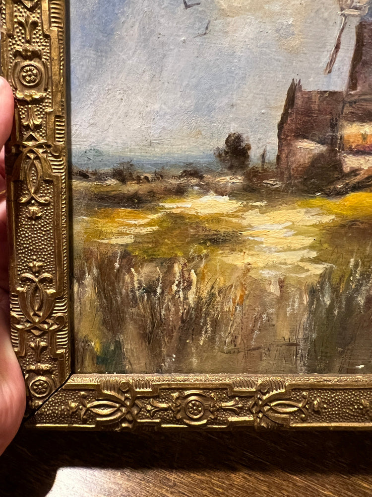 Antique French Windmill Oil Painting