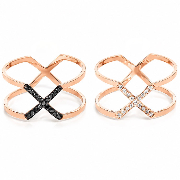 14K Gold Black and White Pave Diamond X Ring