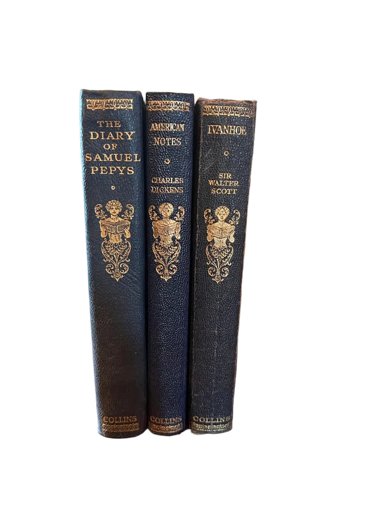 Set of 3 Antique Navy Blue Leather Collins Books