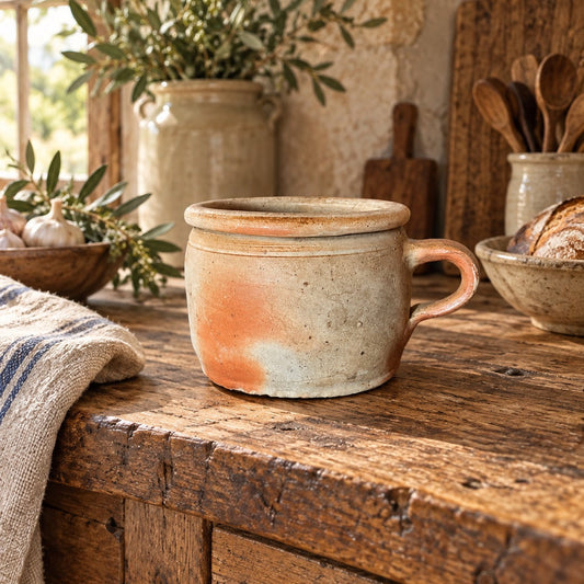 A rustic handmade ceramic mug with a speckled beige and terracotta orange glaze sits on a weathered wooden kitchen counter, surrounded by homey props like a striped linen cloth, a jar of bread, and a potted olive branch.