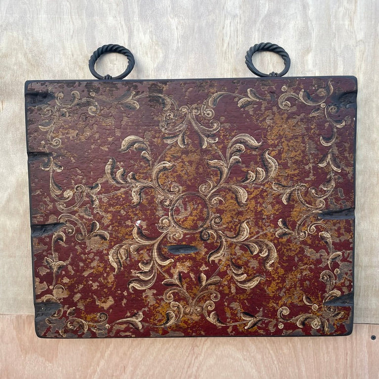 Hand Painted Oil on Wood Panel Painting with Iron Rings - Red Old World