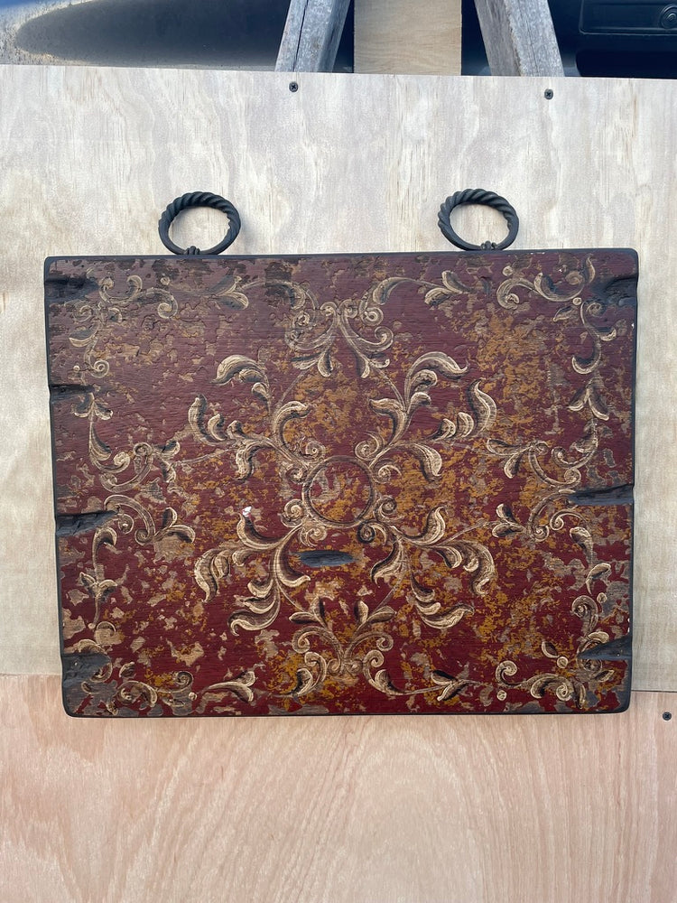 Hand Painted Oil on Wood Panel Painting with Iron Rings - Red Horizontal