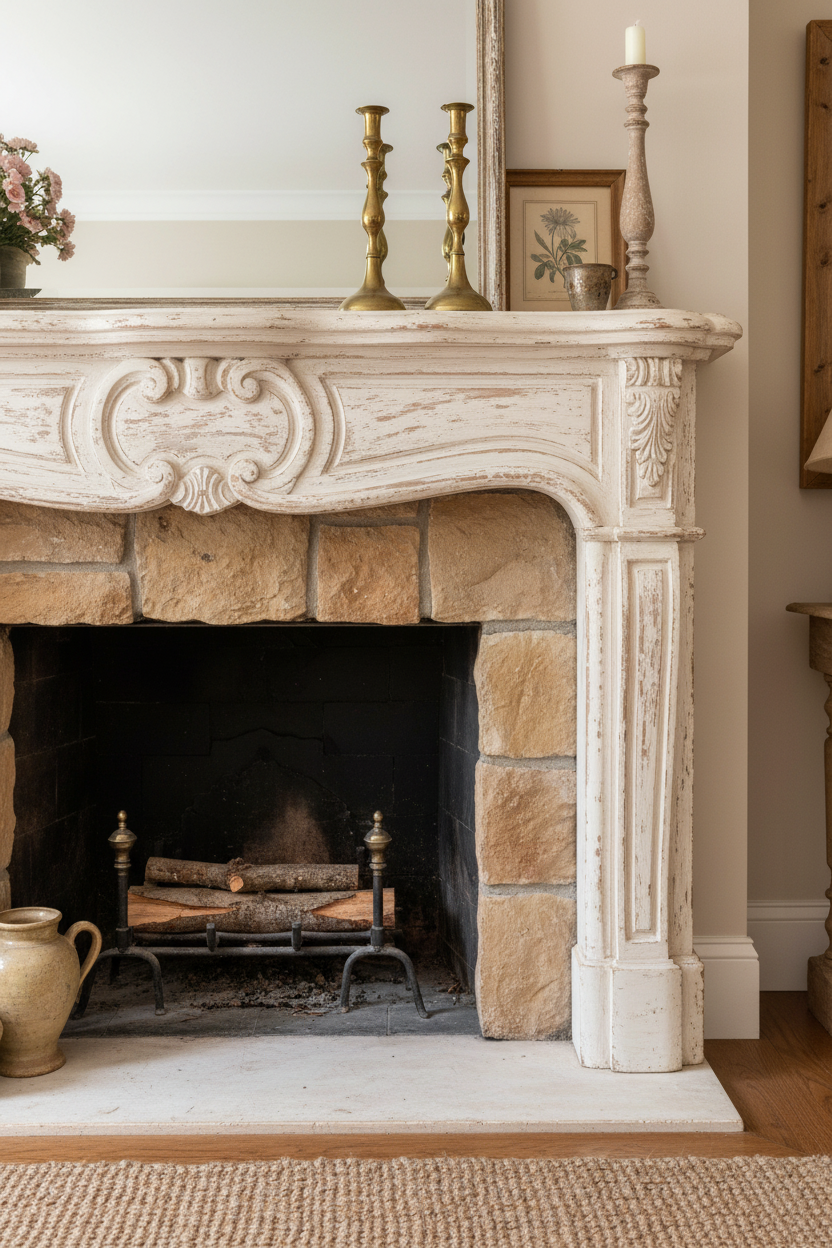 Decorative stone fireplace with mantel in a room setting.