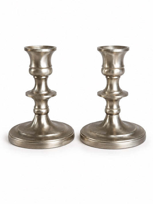 Set of 2 Vintage Solid White Brass Small Candlesticks