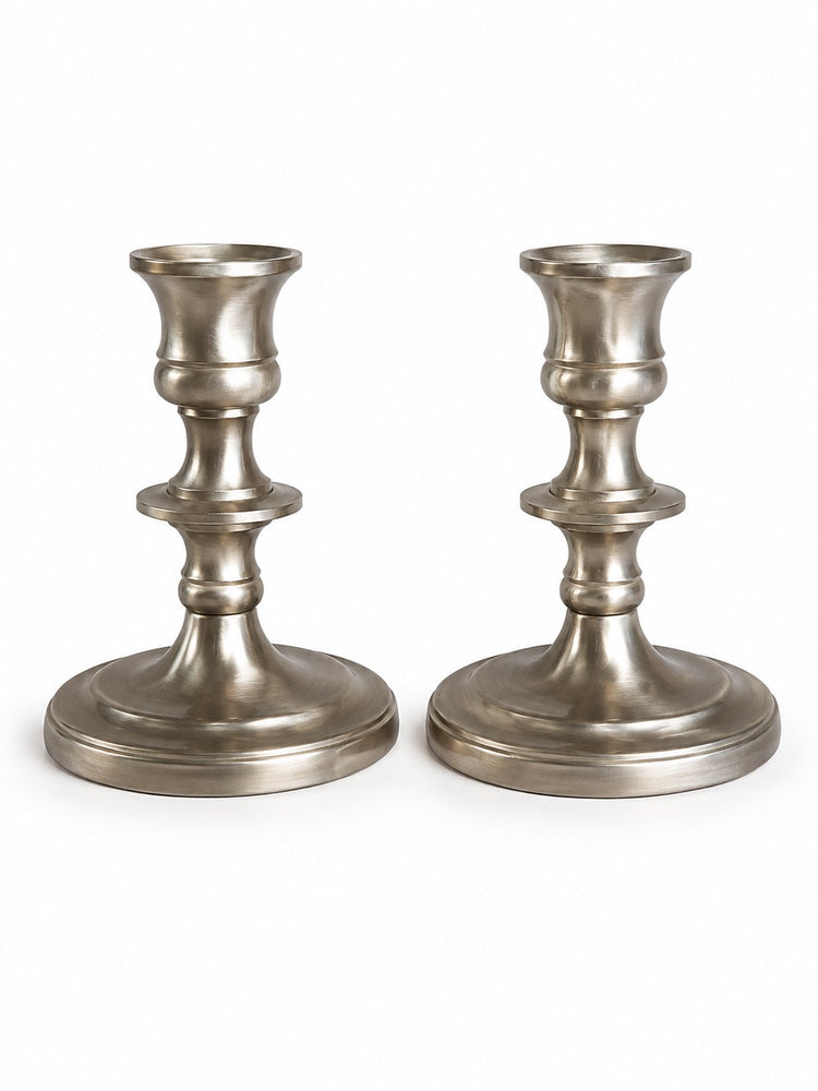 Set of 2 Vintage Solid White Brass Small Candlesticks
