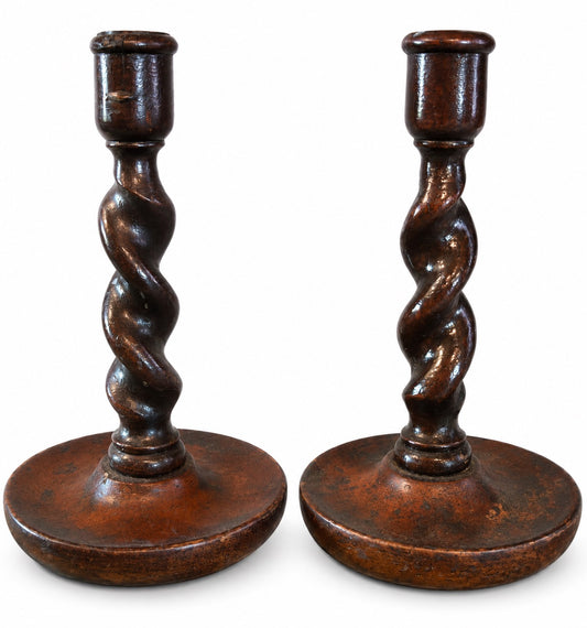 English Antique Wood Barley Twist Candlesticks