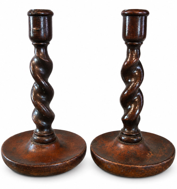 English Antique Wood Barley Twist Candlesticks