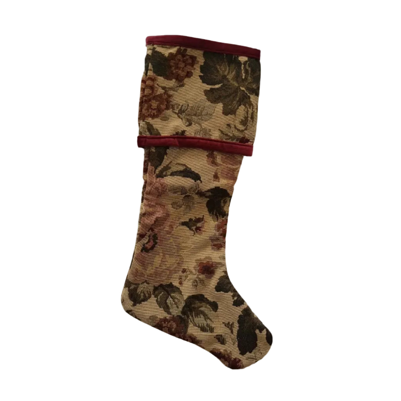 A single knee-high Christmas stocking with a beige and brown floral tapestry pattern and dark red trim, shown against a solid light gray background.