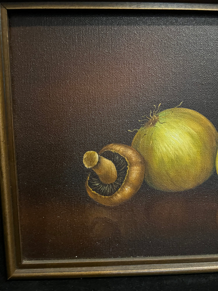 Moody Vintage Still Life Oil Painting, Onions and Mushroom