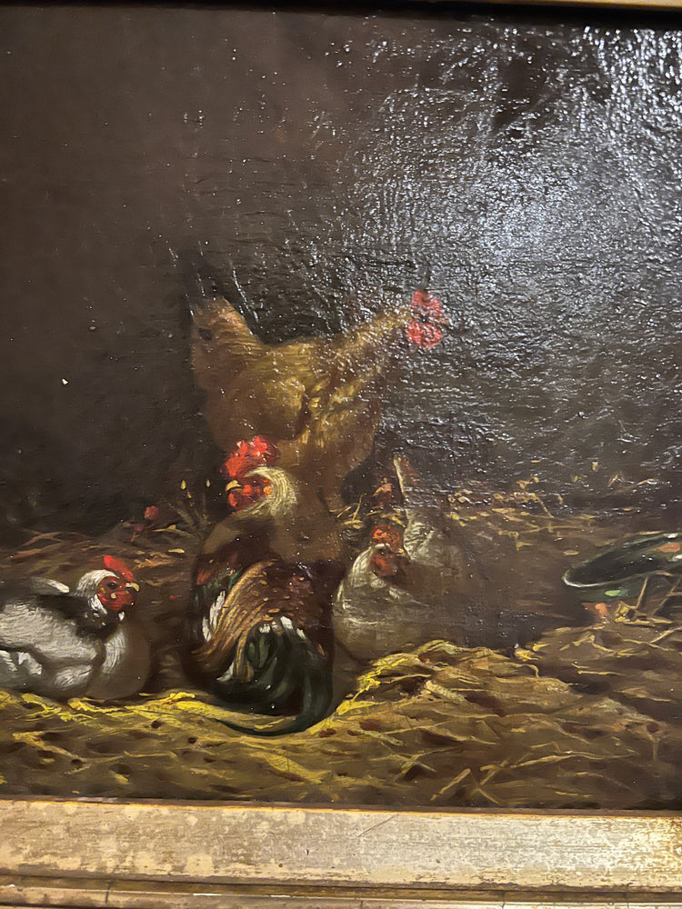 Moody Antique Still Life Oil Painting, Chickens