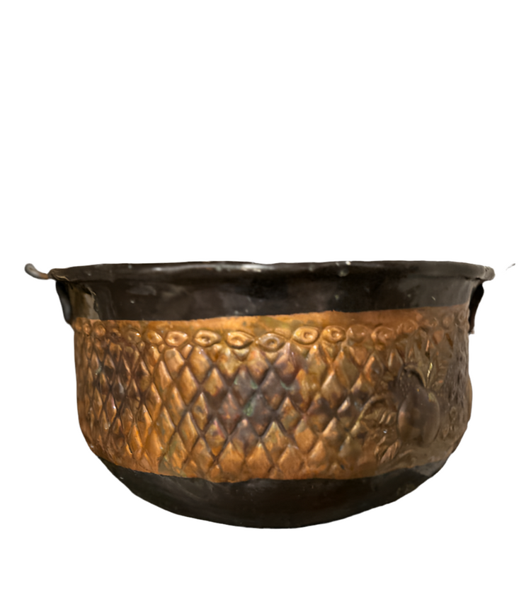 Vintage Stamped Copper Bowl with Bronzed Leaf Handles