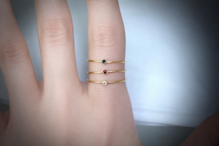 Tiny 14K Gold Gemstone Stacking Ring / Diamond, Black Diamond, Ruby, Turquoise
