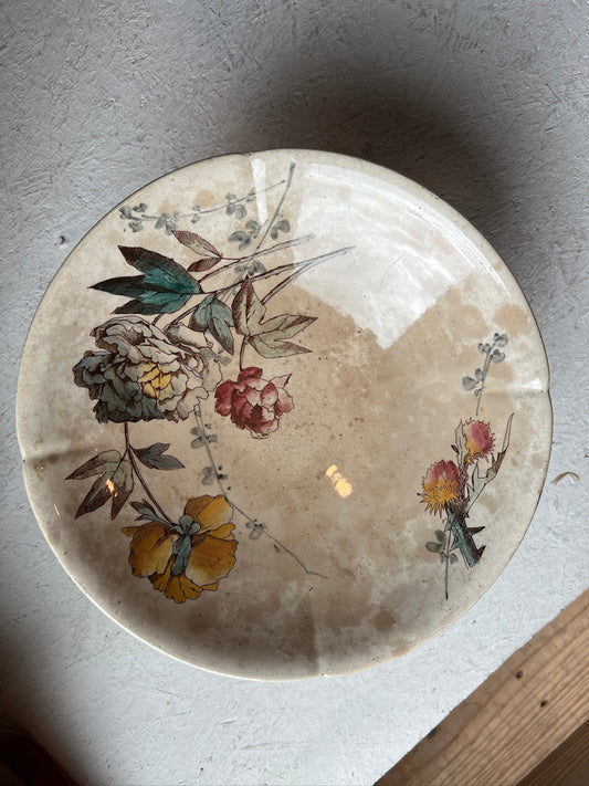 Antique French Ironstone PolyChrome Floral Compote