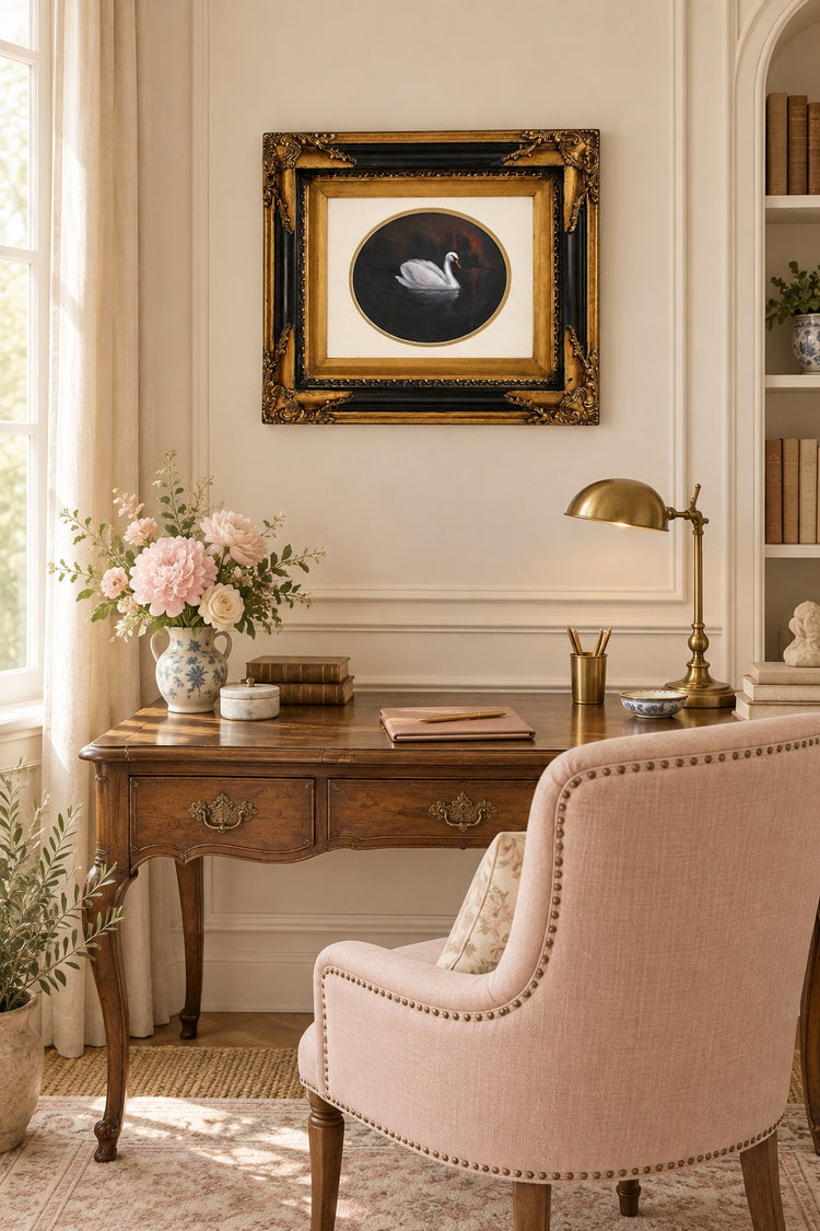 Framed Original Swan Painting in a Gold and Black Vintage Wood Frame