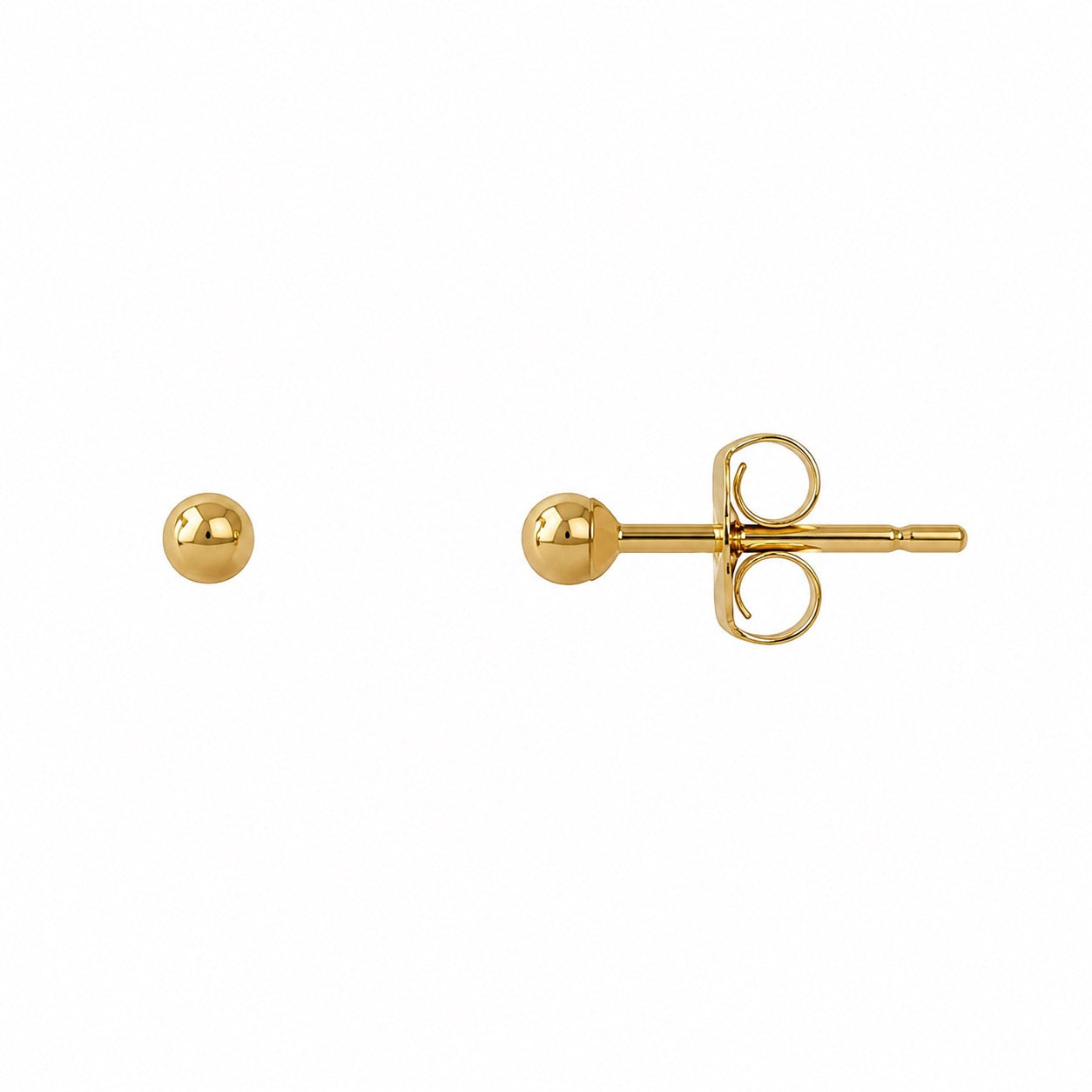 A pair of gold stud earrings, one shown as a polished sphere and the other as a matching sphere on a post with a butterfly back, on a plain white background.