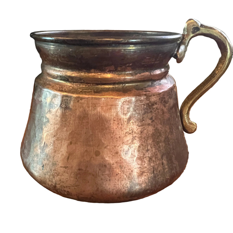 Small Antique Hammered Copper Cup w/ Brass Handle