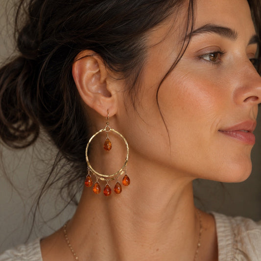 Orange Garnet Chandelier Hoop Earrings