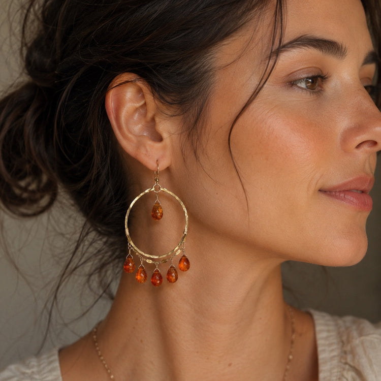 Orange Garnet Chandelier Hoop Earrings