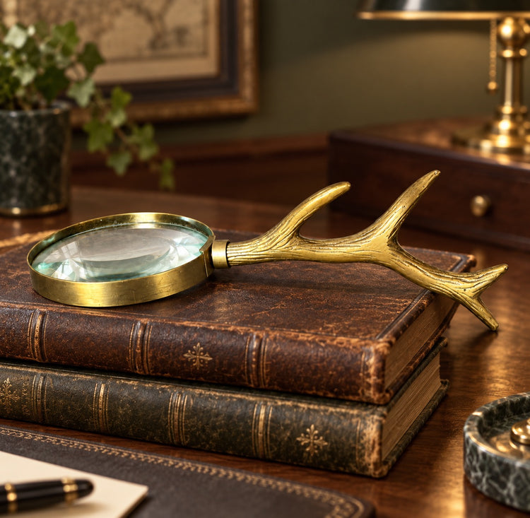 Vintage Solid Brass Antler Magnifying Glass