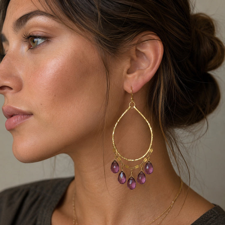 Plum Quartz Chandelier Hoop Earrings