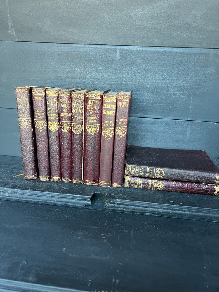 Set of 3 Antique Maroon Leather Collins Books