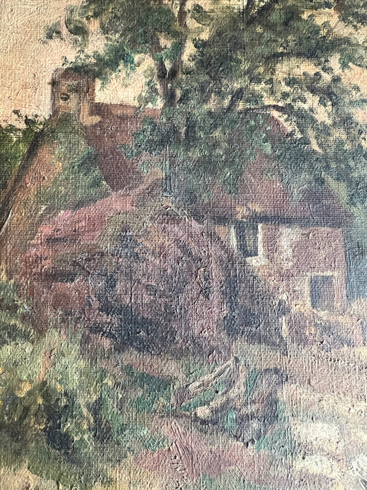 Antique French Cottage Oil Painting