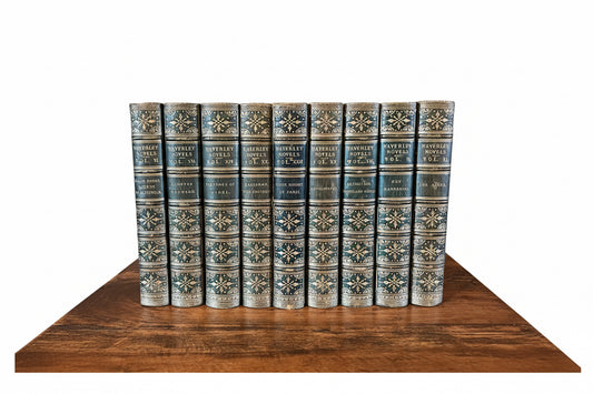 Set of 9 Antique Full Leather Blue / Green Waverley Novels Books