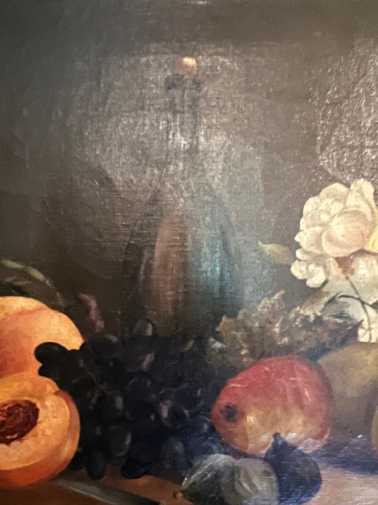 1800's Antique Moody Fruit and Flowers Still Life Oil Painting "Summer Bounty"