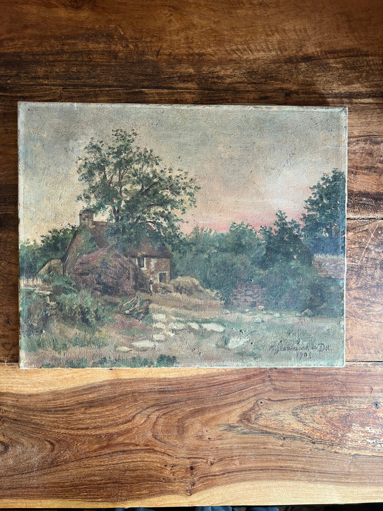 Antique French Cottage Oil Painting