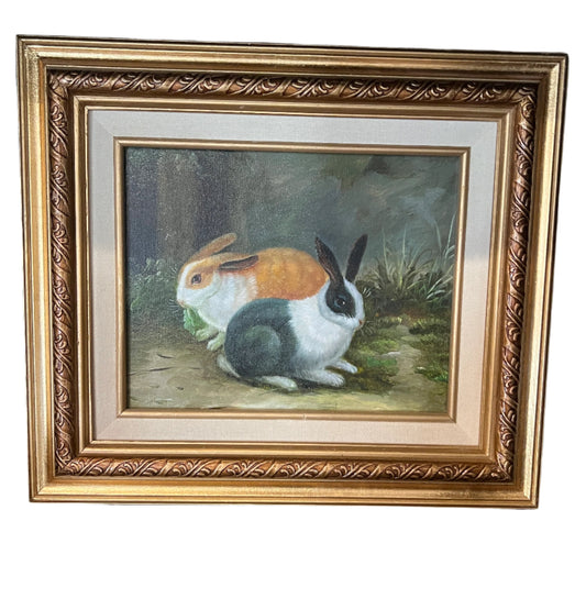 Vintage Oil on Canvas Bunnies in Forest Painting