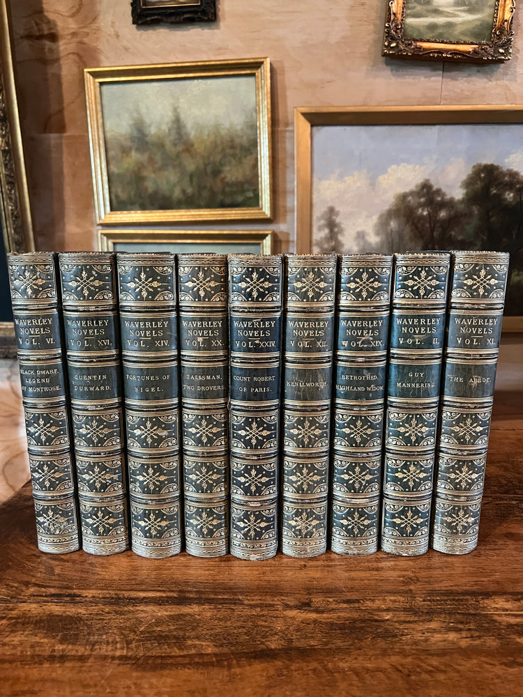 Set of 9 Antique Full Leather Blue / Green Waverley Novels Books