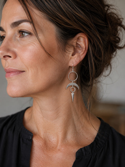 Sterling Silver Geometric Symbols Dangle Earrings