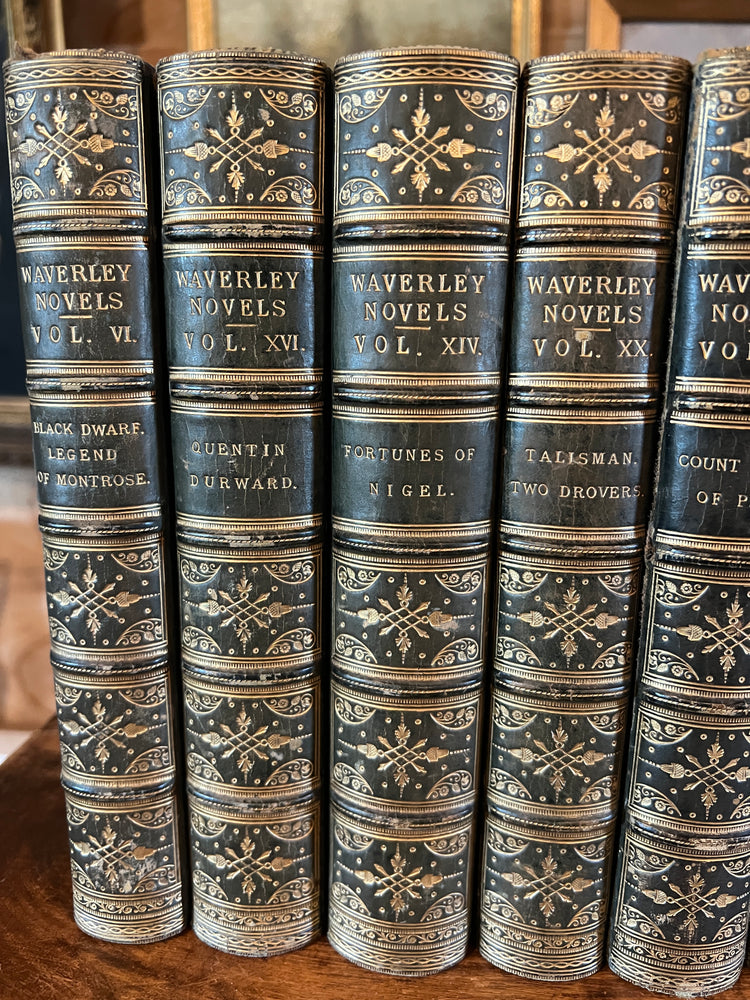 Set of 9 Antique Full Leather Blue / Green Waverley Novels Books