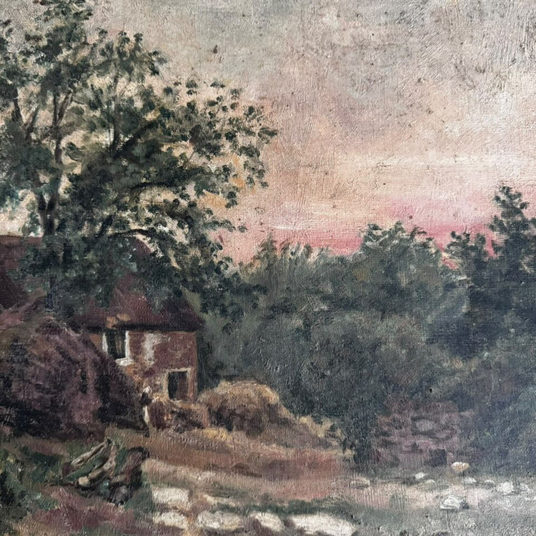 Antique French Cottage Oil Painting