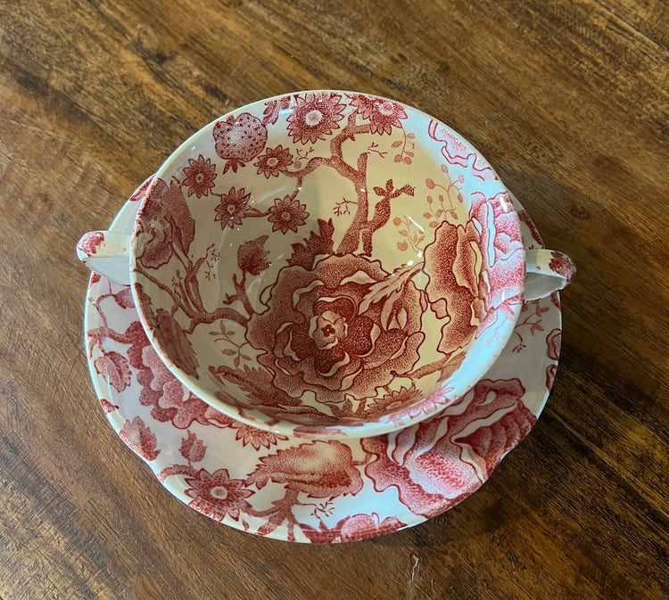 Flat Cream Soup Bowl & Saucer Set English Chippendale Red by JOHNSON BROTHERS