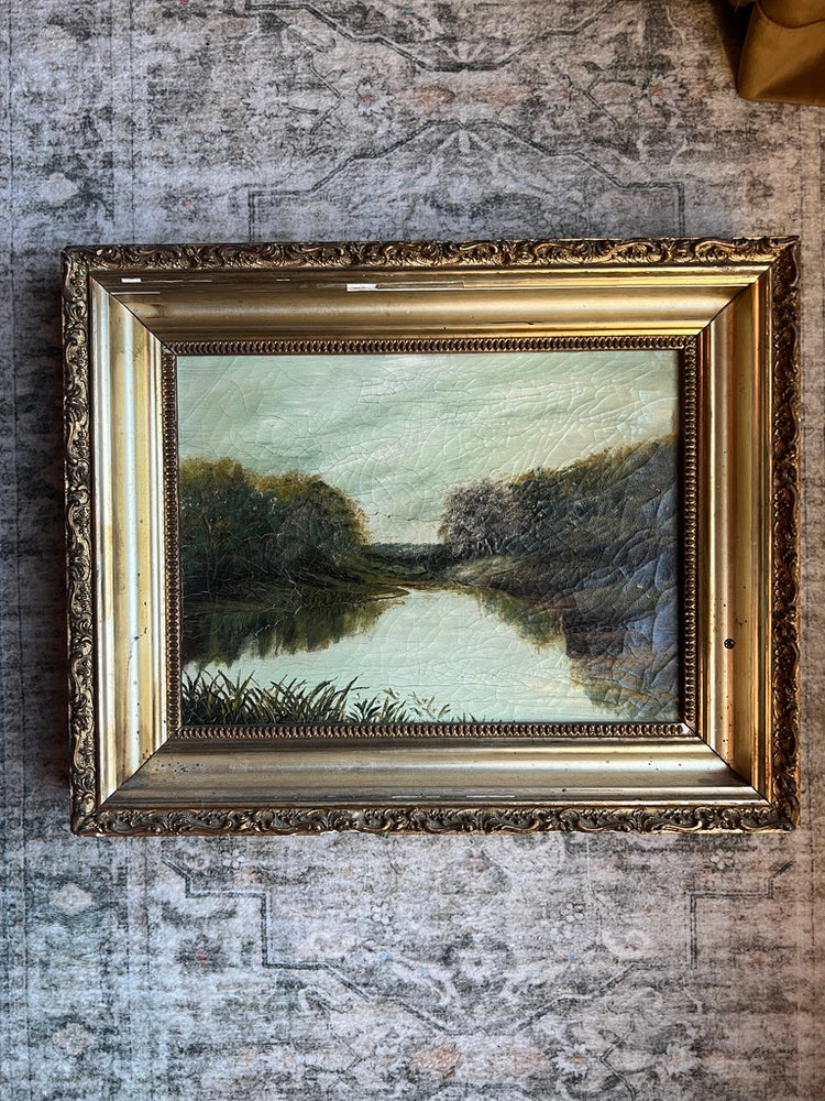 Antique 1800's Shabby Framed Original Landscape Oil Painting |  FOR RESTORATION