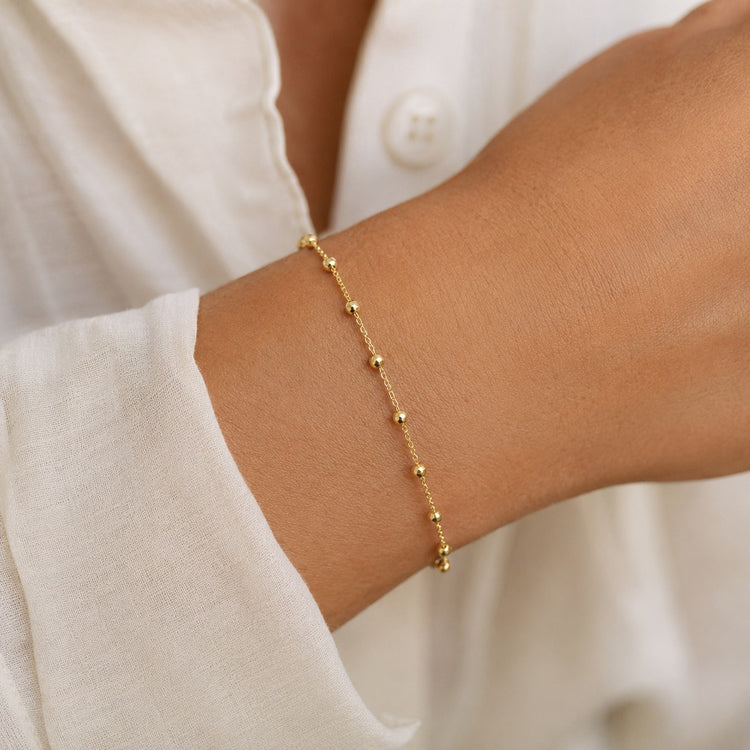 14K Gold Diamond Cut Beaded Station Chain Bracelet