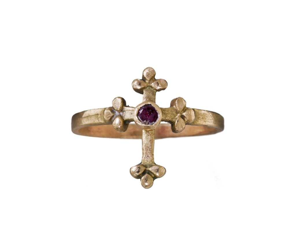 14K Gold ring with cross design and red Ruby