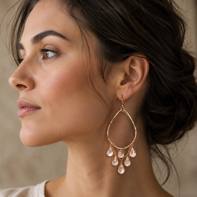 Genuine Rose Quartz Chandelier Hoop Earrings