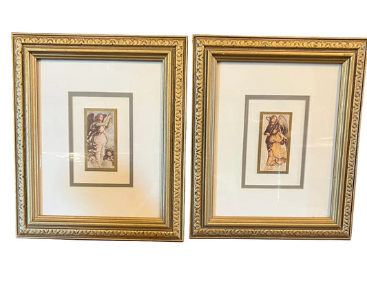 two vintage gold framed lithographs of angels